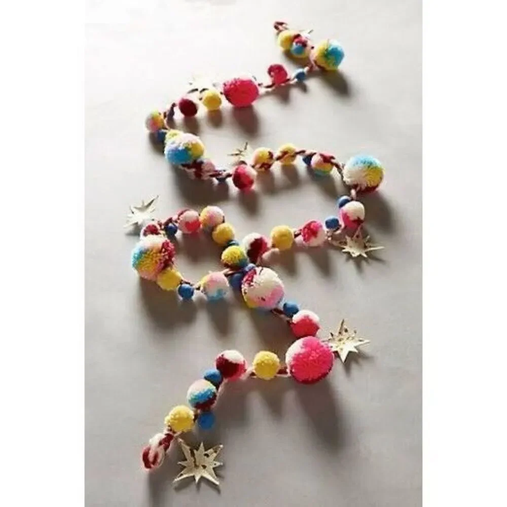 Anthropologie Wishing Star Garland Pom Pom Colorful Stars NEW